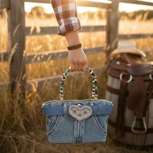 Bootie Bag Denim with Belt, Front Heart & beaded handles - Good condition